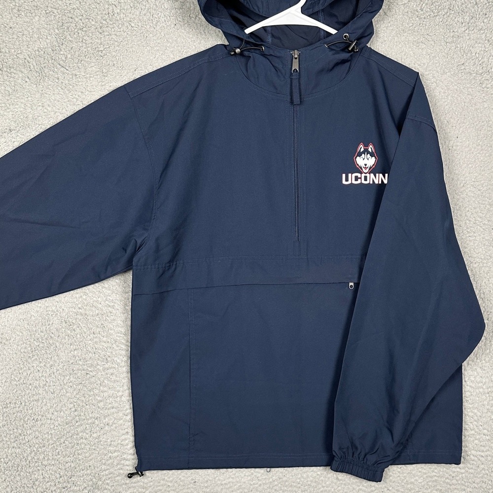 UConn Huskies Champion Jacket Men Medium Navy Quarter-Zip Windbreaker Hooded EUC